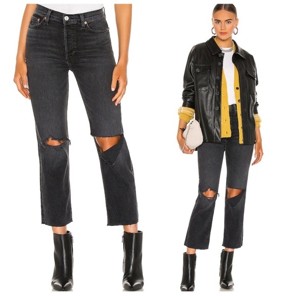 Re/done Originals 70s Stove Pipe Jeans Faded Coal With Rips Size 26 - Picture 11 of 11